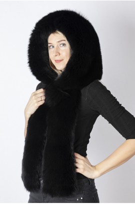 Black fox fur hood-scarf